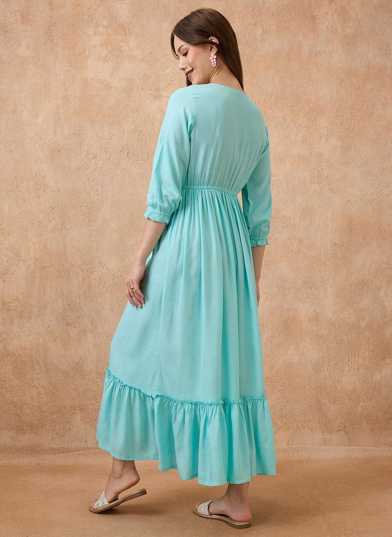 Globus Women V-Neck Floral Embroidered Yoke Fit And Flare Tiered Maxi Fusion Dress - Image 4